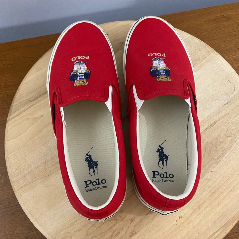 Polo Ralph Lauren Keaton Polo Bear Slip On Canvas Sneakers Shoes Red Mens Sz 9 - Picture 13 of 15
